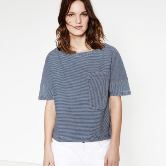 Zara Basic Z1975 Denim Stripe Dolman Sleeve Short Sleeve Shirt Women’s Large EUC - Picture 1 of 11
